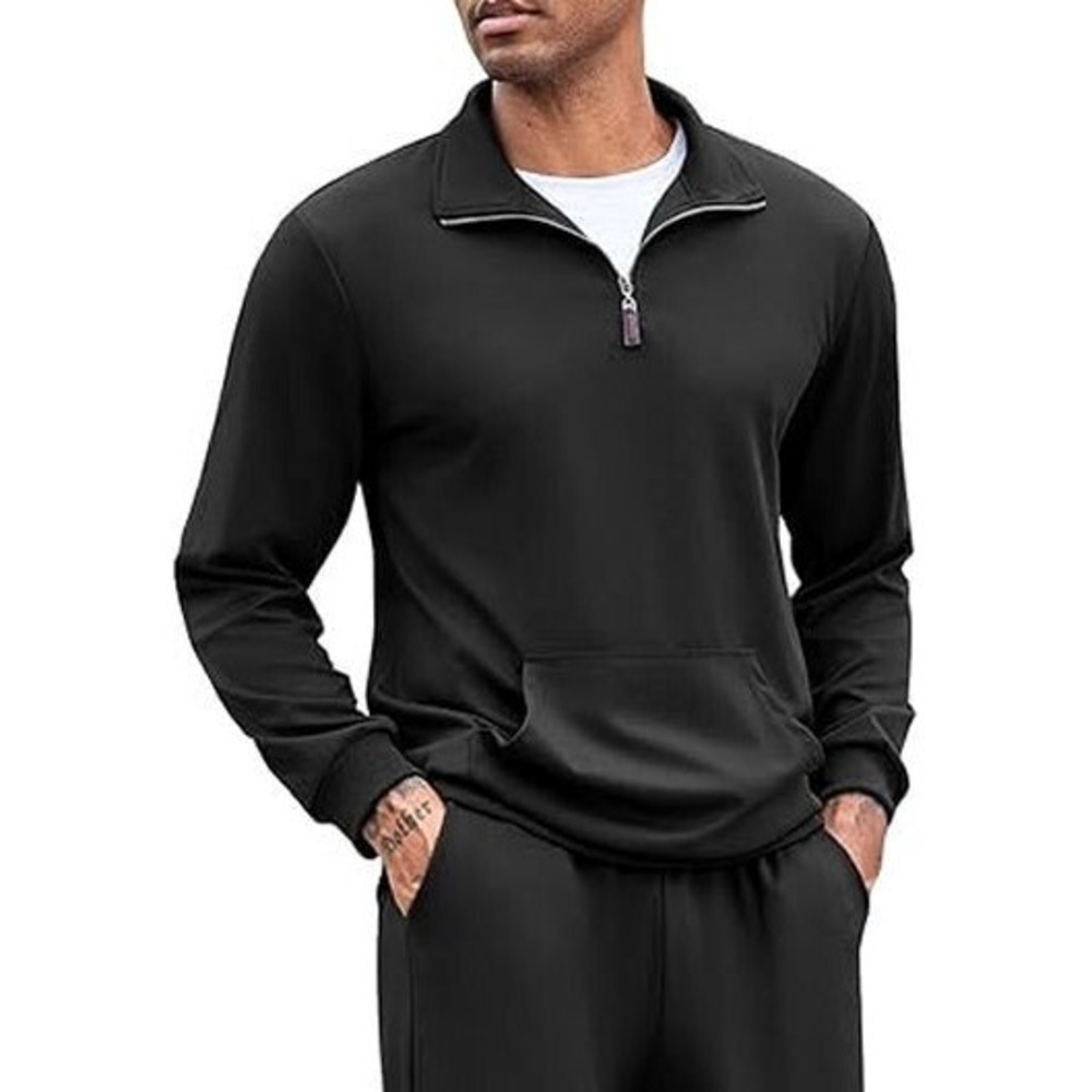 Coofandy Men's Athletic Track 1/4 Zip Kangaroo Pockets Jacket - Black - XL
